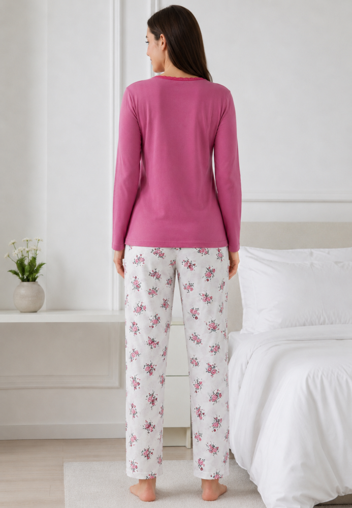 Pijama de damă cu bluză cu maneca lunga și pantaloni - Roz pudra, Engros